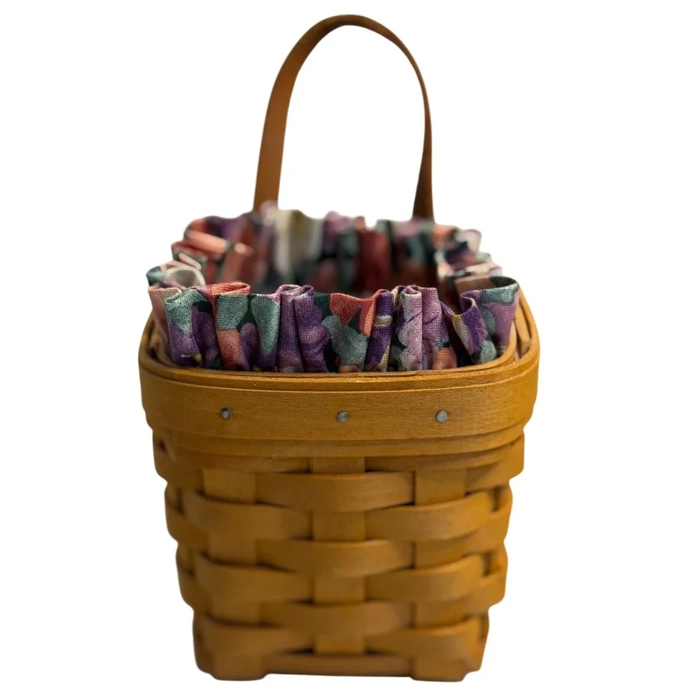 Longaberger Chives Booking Basket Brown Floral Fabric Liner Plastic Protector